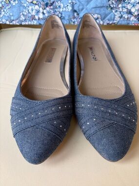 Rialto Blue Denim-Style Pointed Toe Flats with Stud Detail